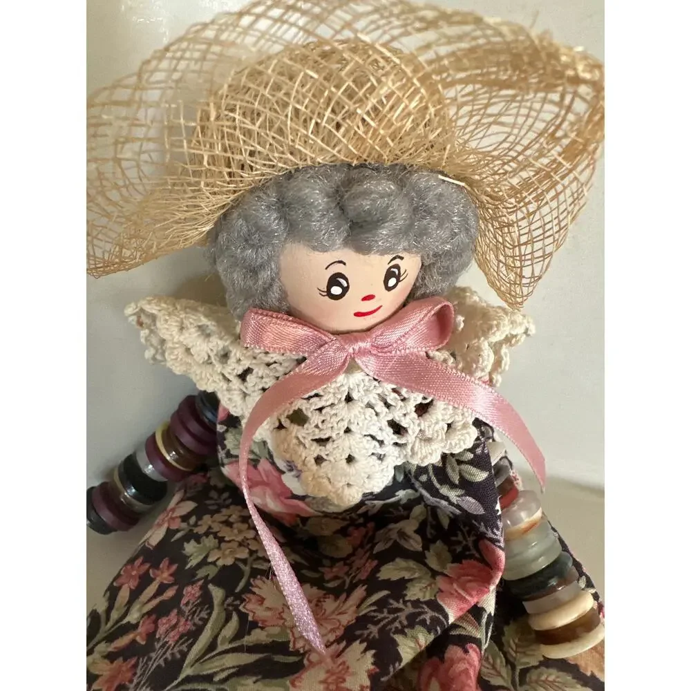 Vintage Handmade Farm House Button Doll- Shelf Sitter-Ornament
